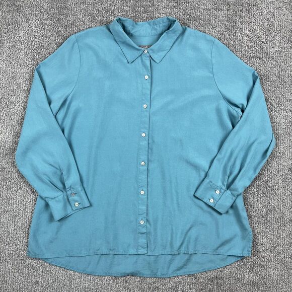 J Jill Shirt Womens Large Petite Teal 100% Silk Button Front Long Sleeve Collar - Picture 1 of 7